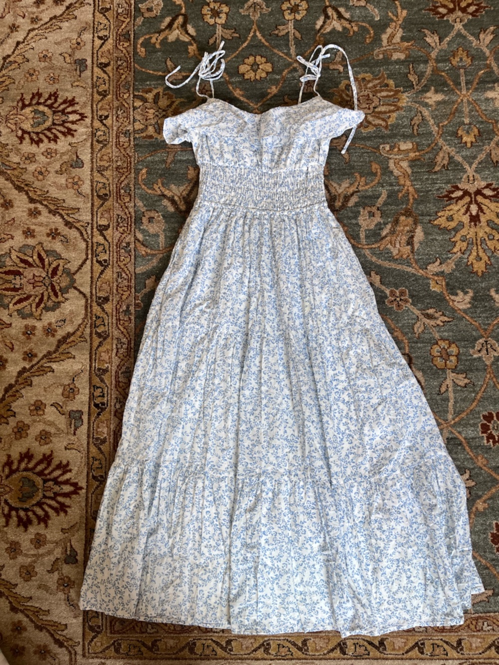 Wayf Blue and White Floral Smocked Maxi Dress